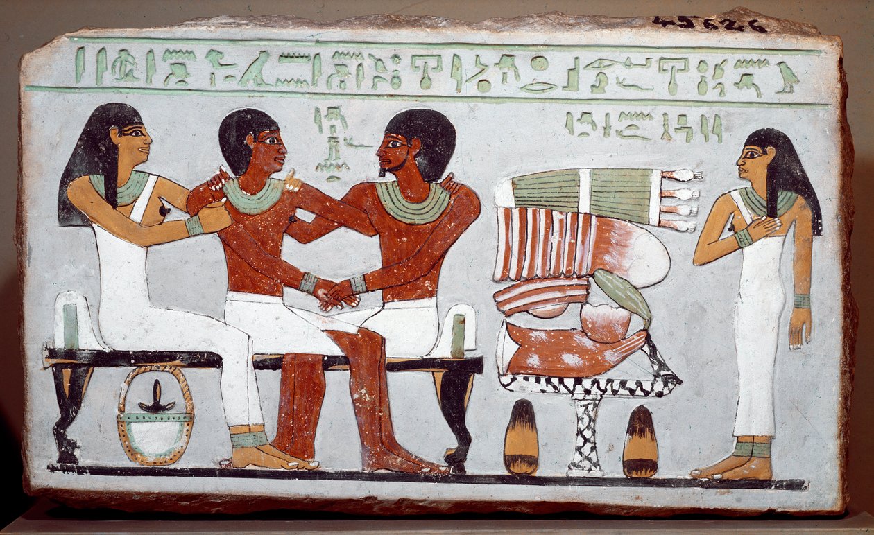Egyptische oudheid: grafstele beschilderd kalksteen die de familie van Amenemhet afbeeldt door Egyptian 11th Dynasty