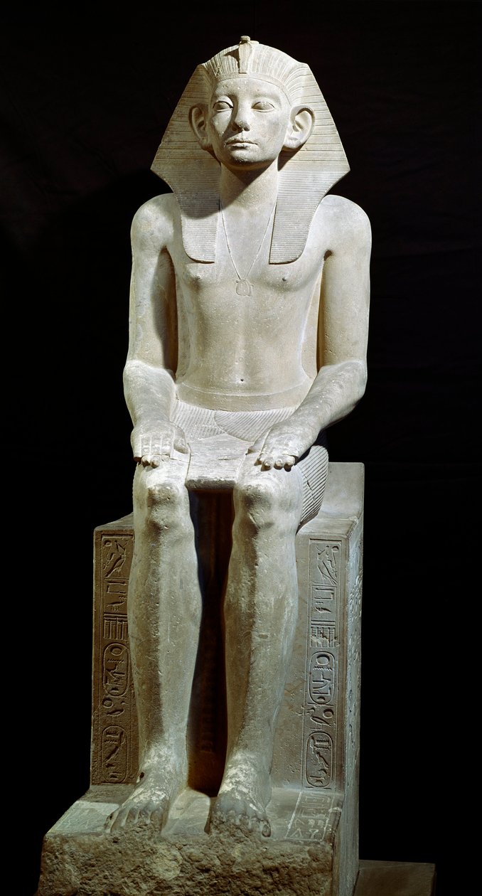 Egyptische oudheid: kalkstenen standbeeld van Farao Amenemhet (Amenemhat) III. 12e dynastie. 1910 v.Chr. Uit Hawara. Dim. 160 cm Caïro, Egyptisch Museum door Egyptian 12th Dynasty