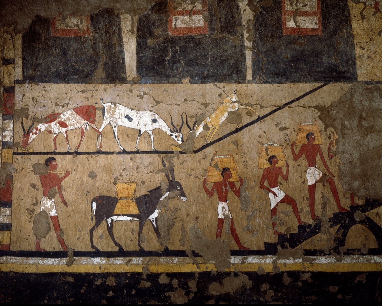 Egyptische oudheid: het transport van tarwe op de rug van muilezels en op de rug van slaven. Fresco uit het graf van koningin Neferou III. 12e dynastie. 2200-2000 v.Chr. Uit El Ghebelen. Turijn, Egyptisch museum door Egyptian 12th Dynasty