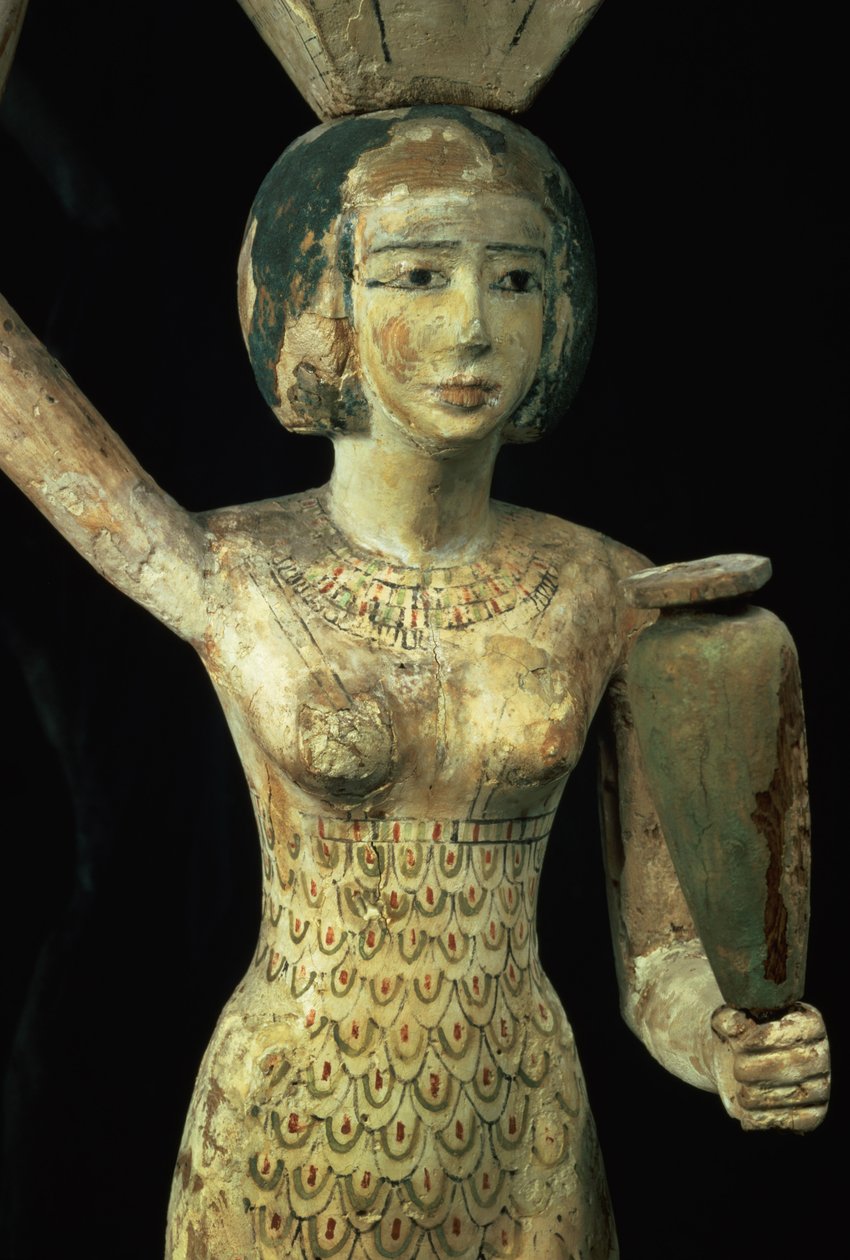Vrouwelijke drager van offers met een waterkruik in haar hand en een vat op haar hoofd, Egyptisch, Middenrijk, ca. 1950 v.Chr. (detail) door Egyptian 12th Dynasty