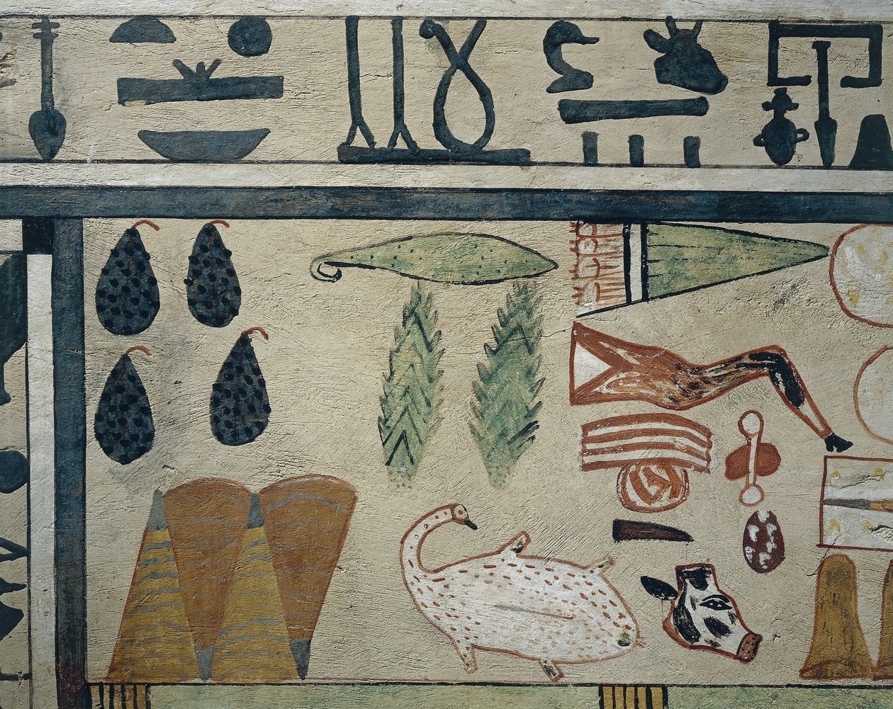 Paneeldetail dat verschillende voedseloffers voorstelt, van Sarcofaag van Irinimenpu door Egyptian 12th Dynasty