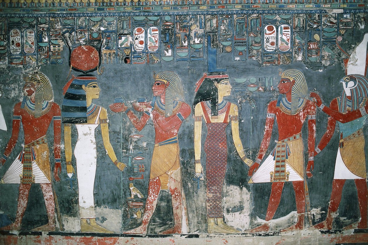 Egypte, Luxor, Vallei der Koningen, graf van Horemheb, muurschildering door Egyptian 18th Dynasty