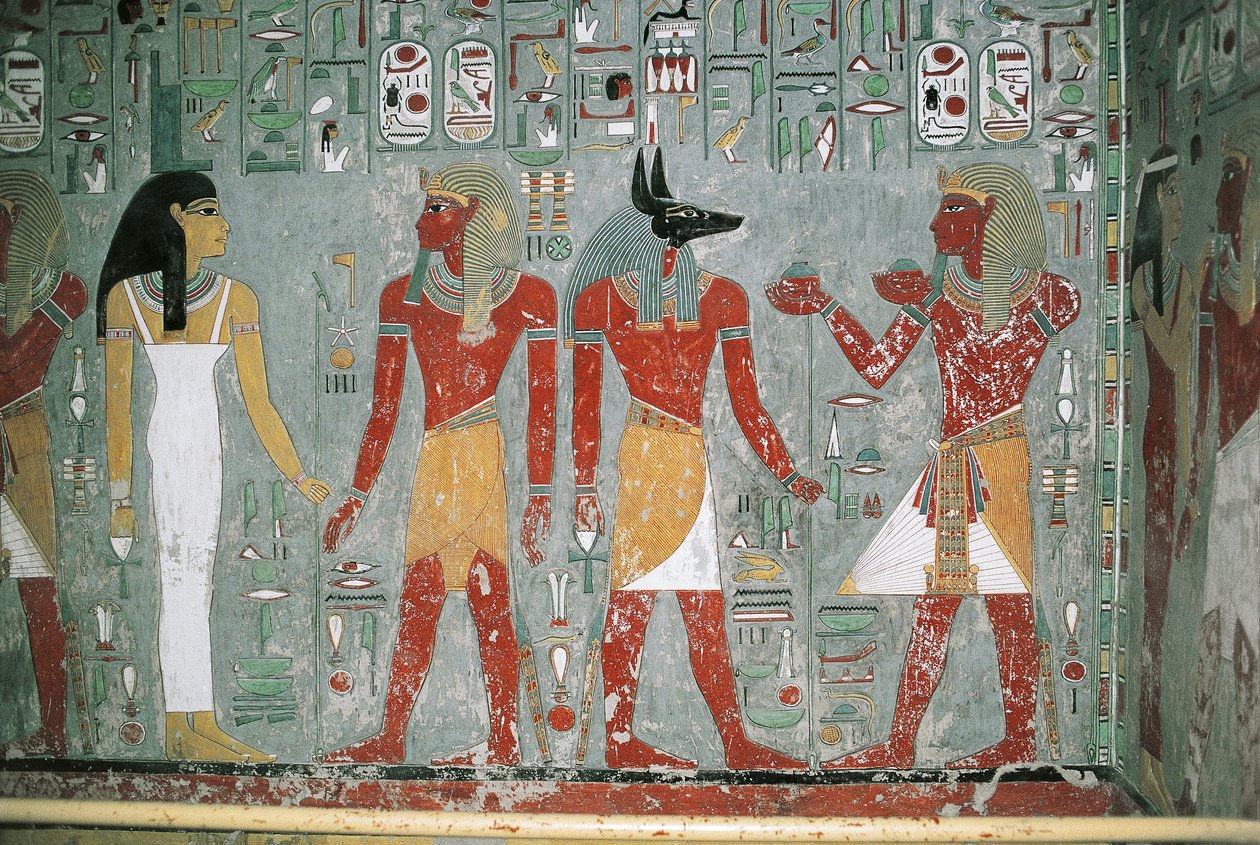 Egypte, Luxor, Vallei der Koningen, graf van Horemheb, muurschildering door Egyptian 18th Dynasty