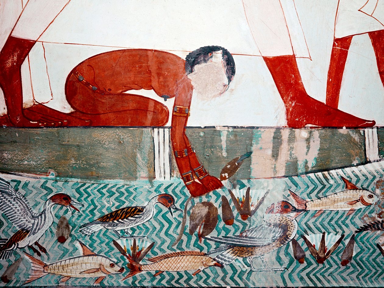 Egyptische kunst: Graf van Menna. Visscène, detail. Een naakte dienstmeid plukt een lotus bloem (18e dynastie) Fresco van Luxor (Site van Thebe, Sheikh Abd al-Gournah, linkeroever van de Nijl, Egypte. door Egyptian 18th Dynasty