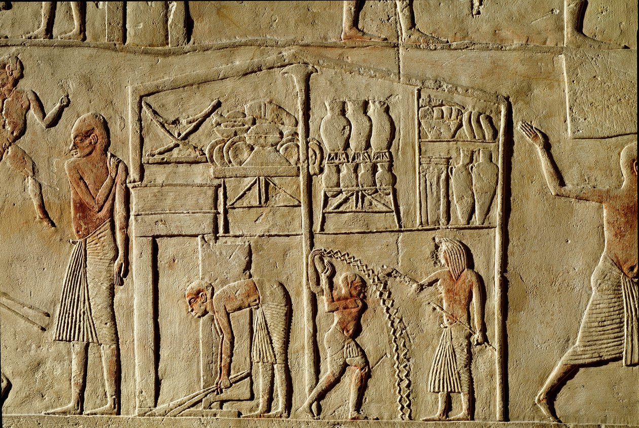 Egyptische oudheid: "voedselvoorraden worden opgeslagen in magazijnen". Reliëf dat een graf van een hoge ambtenaar van de 18e dynastie siert. Bologna Civico Museo Archeologico door Egyptian 18th Dynasty