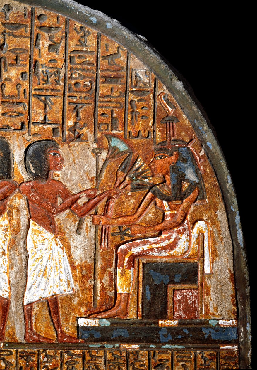 Egyptische oudheid: grafstèle van Minhotep: detail van een bloemenoffer aan de godin Hathor die de sleutel van het leven vasthoudt in de vorm van een Ankh. 18e dynastie. 14e eeuw v.Chr. Turijn, Egyptisch museum door Egyptian 18th Dynasty