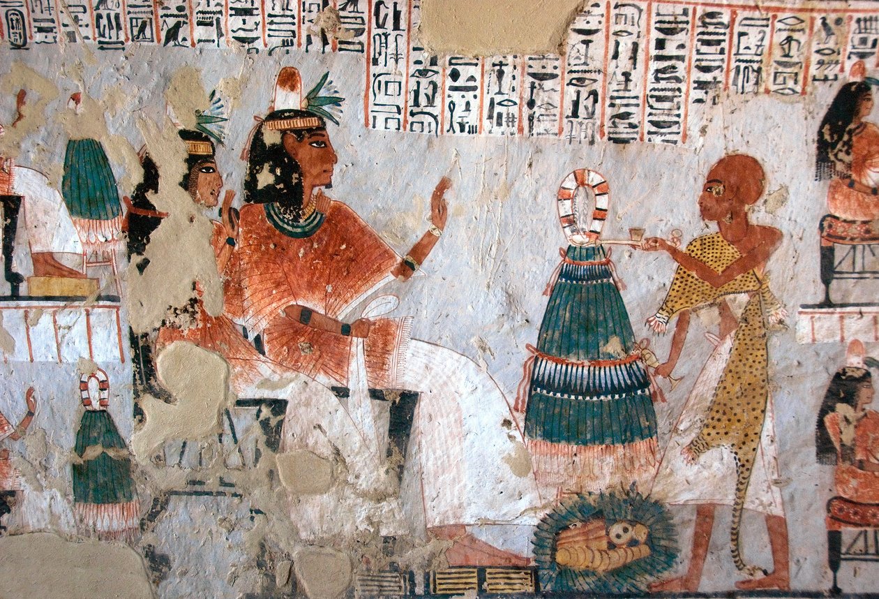 Egyptische oudheid: voorstelling van Roy en zijn vrouw Nebtawy tegenover een hogepriester. Schilderij van het graf van Roy (TT255). 18e dynastie. Van de Westelijke Jordaanoever van Luxor, Egypte door Egyptian 18th Dynasty