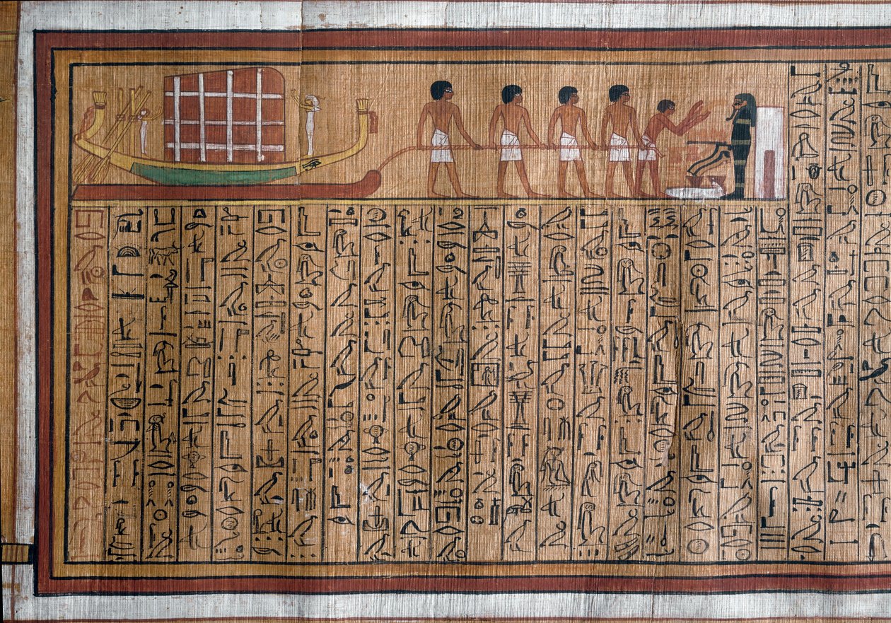 Egyptische antiquiteit: het transport van de katafalk naar het graf. Papyrus. Dodenboek van Kha. 18e dynastie door Egyptian 18th Dynasty