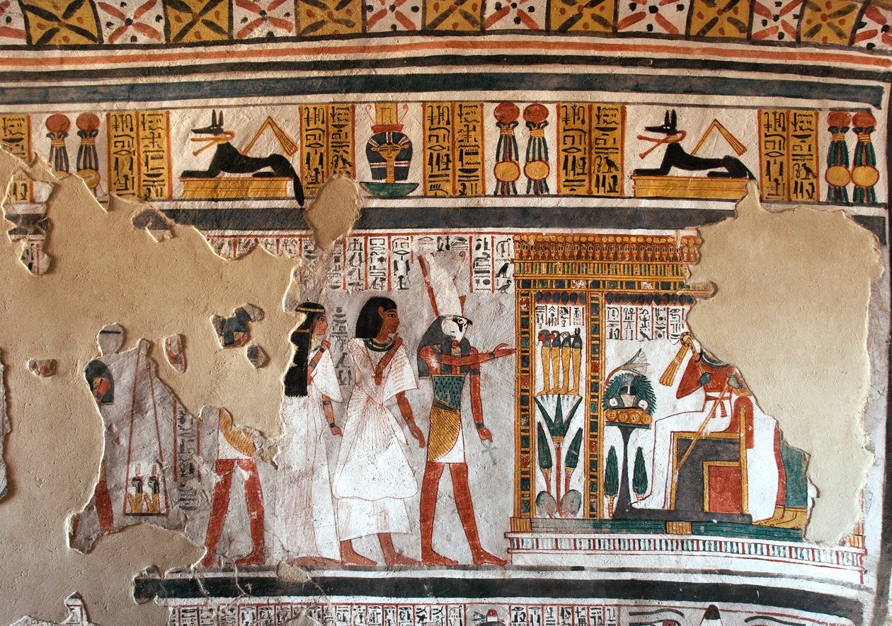 Egyptische oudheid: Horus leidt Roy en zijn vrouw naar Osiris. Fragmenten van fresco uit het graf van Roy (TT255). 18e dynastie. Van de Westelijke Oever van Luxor, Egypte door Egyptian 18th Dynasty