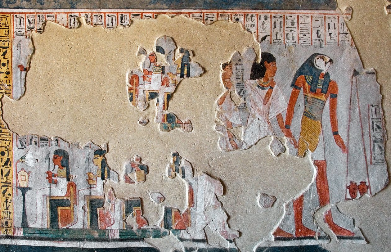 Egyptische oudheid: Horus leidt Roy en zijn vrouw naar de weegschaal van de harten. Fragmenten van fresco uit het graf van Roy (TT255). 18e dynastie. Van de westelijke oever van Luxor, Egypte door Egyptian 18th Dynasty