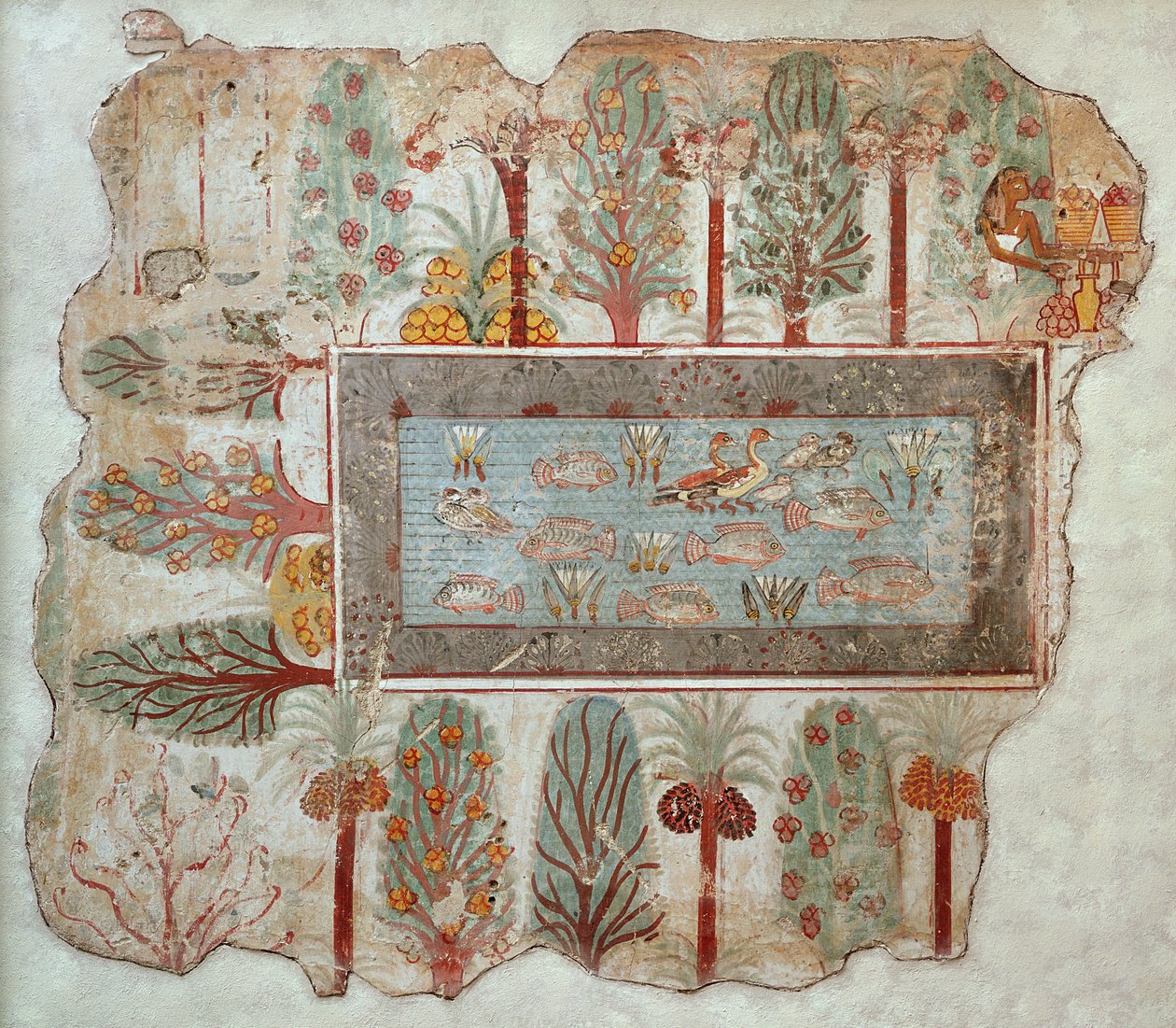 Tuin van een privélandgoed met een sierlijke vijver, deel van de muurschildering uit het graf van Nebamun, Thebe, Nieuwe Koninkrijk, ca. 1350 v.Chr. door Egyptian 18th Dynasty
