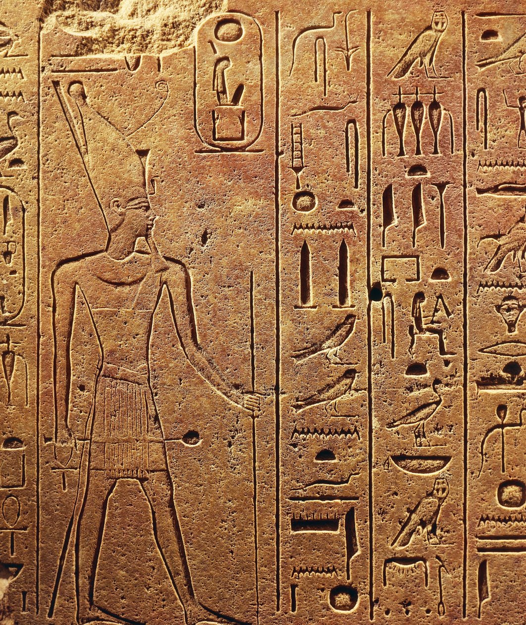 Hiërogliefen, detail van blok uit de Tempel van Hatsjepsoet in Karnak, Egyptische beschaving, Nieuwe Koninkrijk, Dynastie XVIII door Egyptian 18th Dynasty