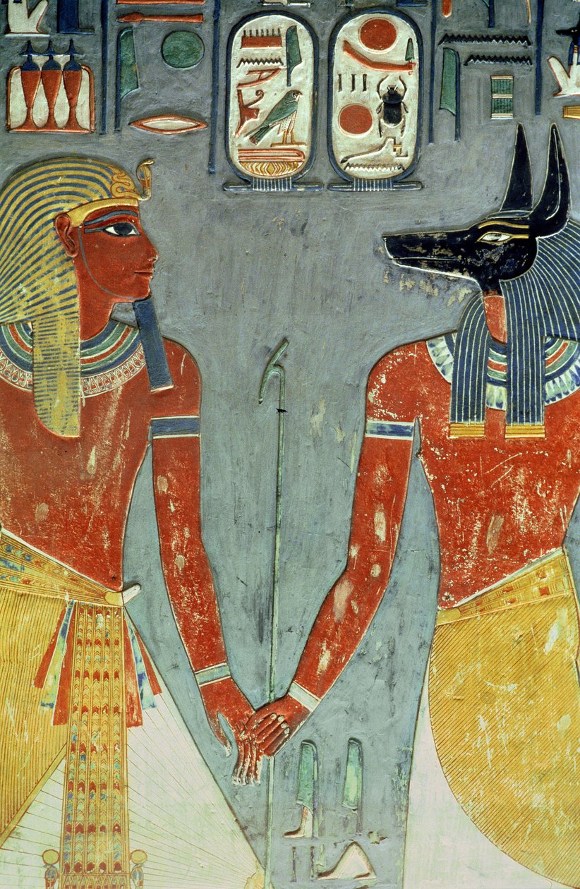 Horemheb en Anubis, uit het graf van Horemheb (ca.1323-1295 v.Chr.) Nieuwe Koninkrijk door Egyptian 18th Dynasty