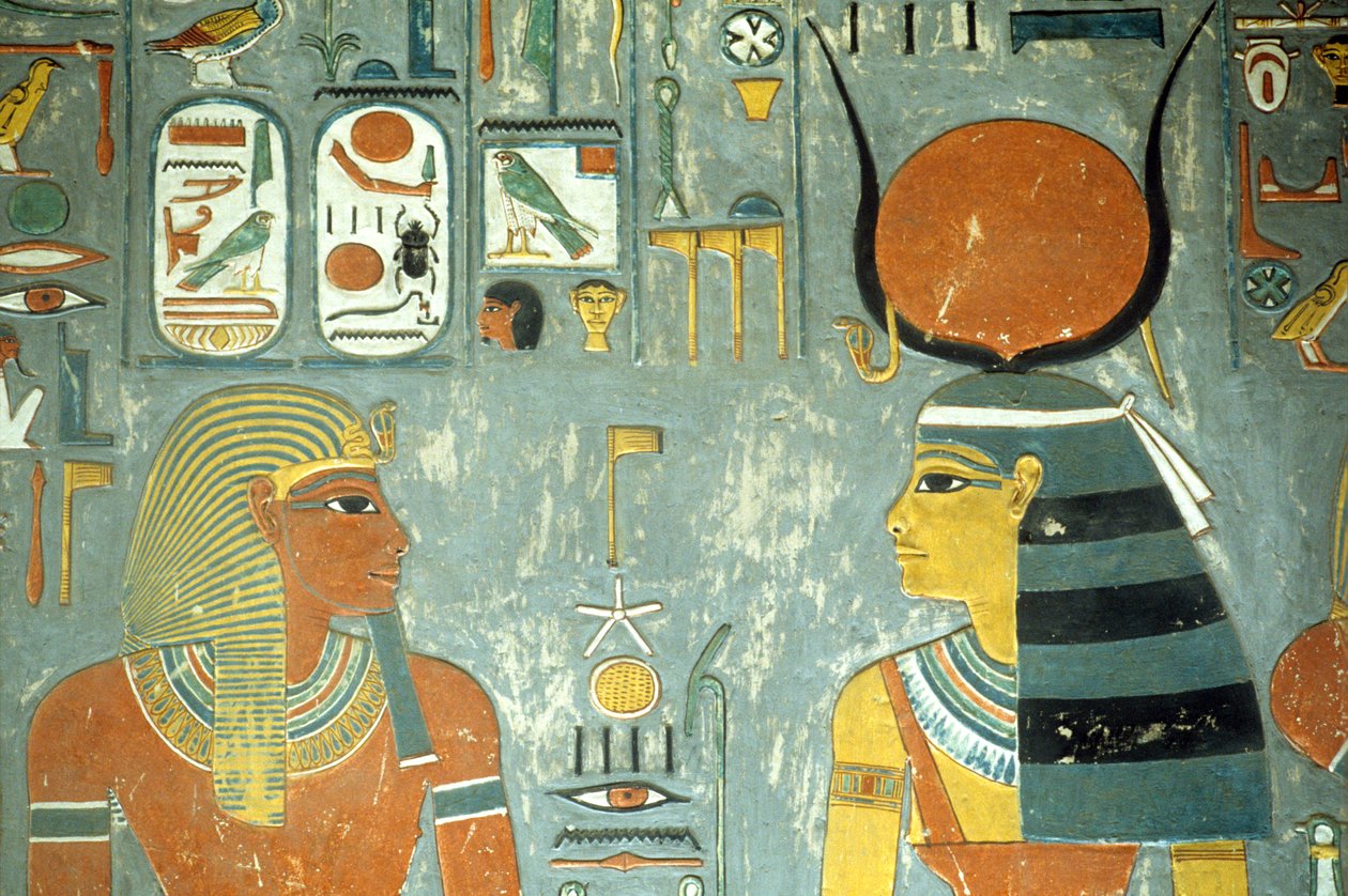 Horemheb en Hathor, uit het Graf van Horemheb (ca. 1323-1295 v.Chr.) Nieuwe Koninkrijk (muurschildering) (detail) door Egyptian 18th Dynasty