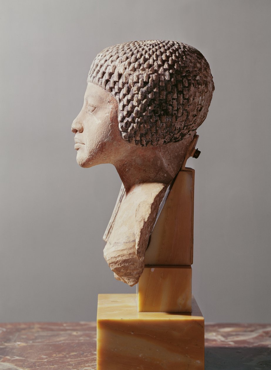 Linkerprofiel van het hoofd van een prinses uit de familie van Akhenaten, Nieuwe Koninkrijk (beschilderde kalksteen) door Egyptian 18th Dynasty