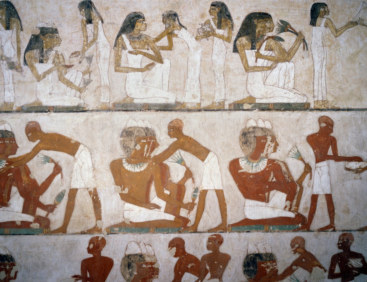 Mannen en vrouwen die sieraden aandoen (detail) door Egyptian 18th Dynasty