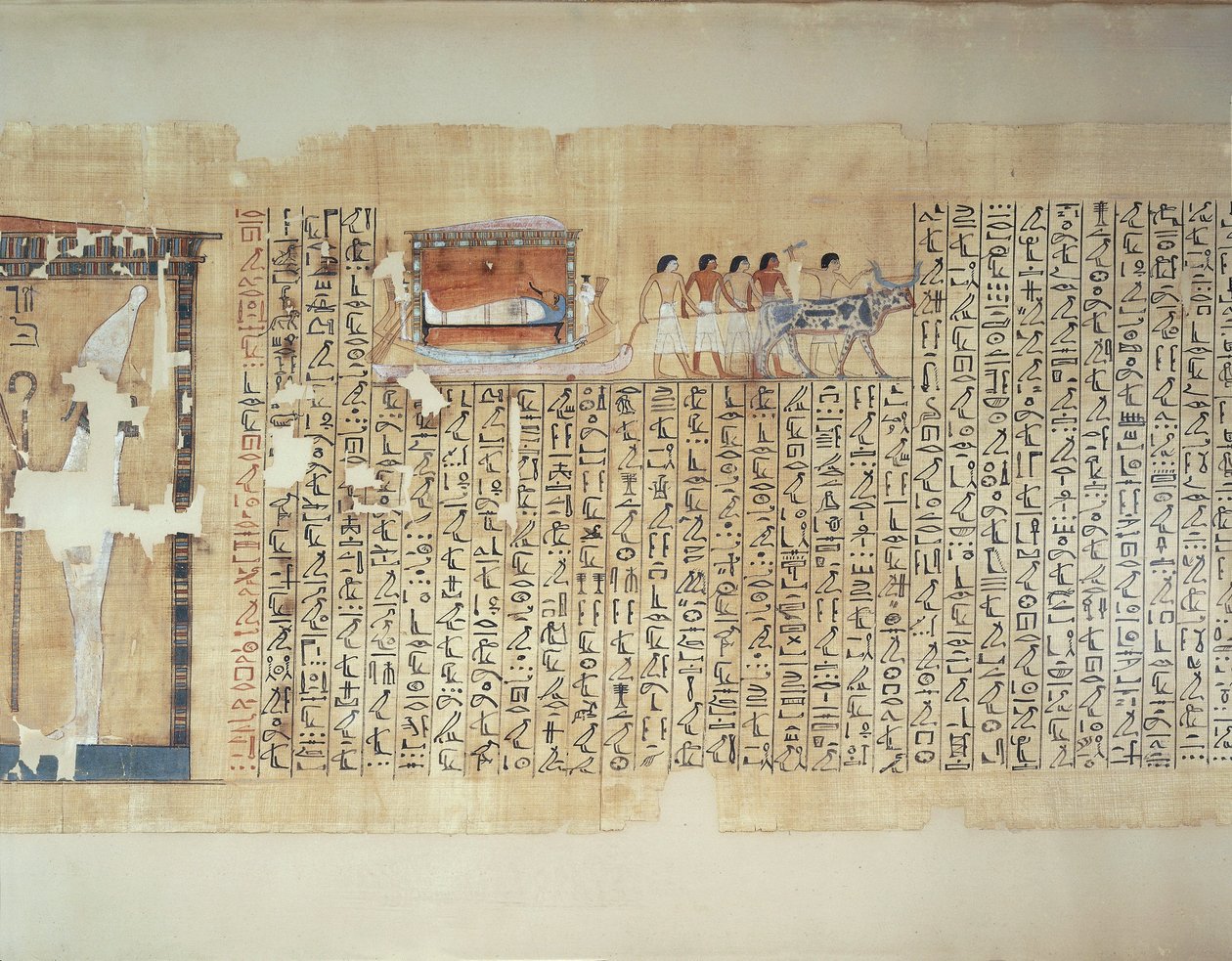 Papyrus die het transport van een sarcofaag op een door ossen getrokken wagen toont, uit het Dodenboek van Maiherperi door Egyptian 18th Dynasty