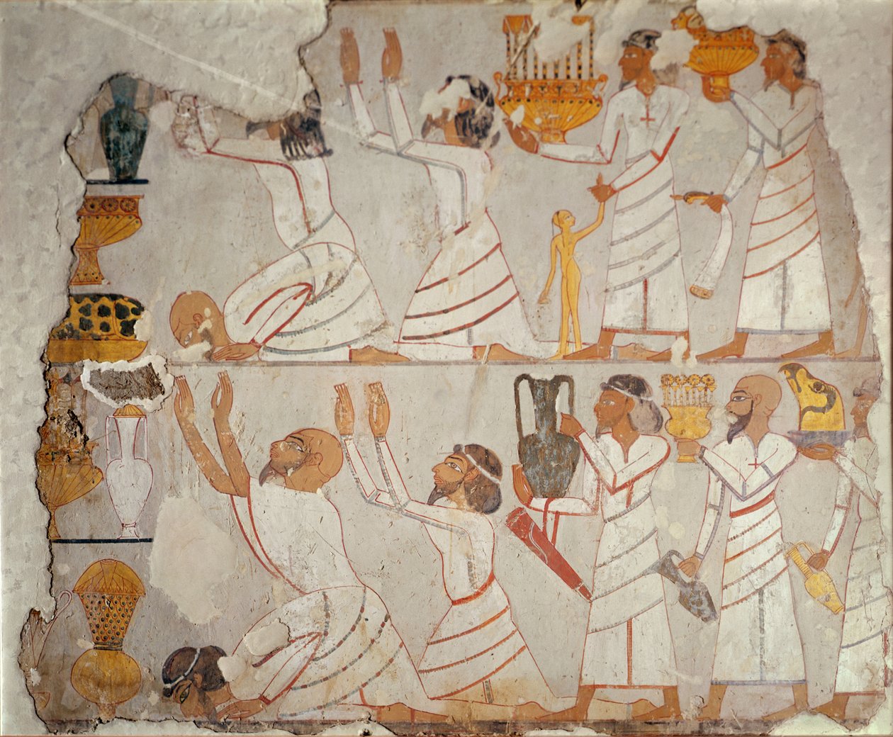 Deel van een beschilderde grafmuur die Aziatische schatdragers toont, ca. 1400 v.Chr. door Egyptian 18th Dynasty