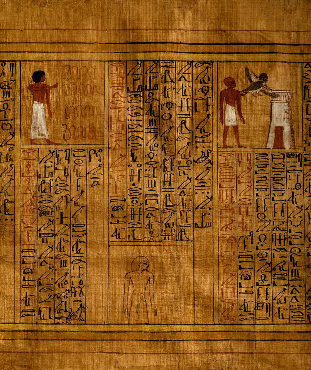 Gedeelte van het Dodenboek met tekst in verticale kolommen van hiërogliefen en inzetstukken met polychrome illustraties, papyrus, 34cm x 14cm, uit het graf van Kha in Deir el-Medina, Egyptische beschaving, Nieuwe Koninkrijk, Dynastie XVIII door Egyptian 18th Dynasty