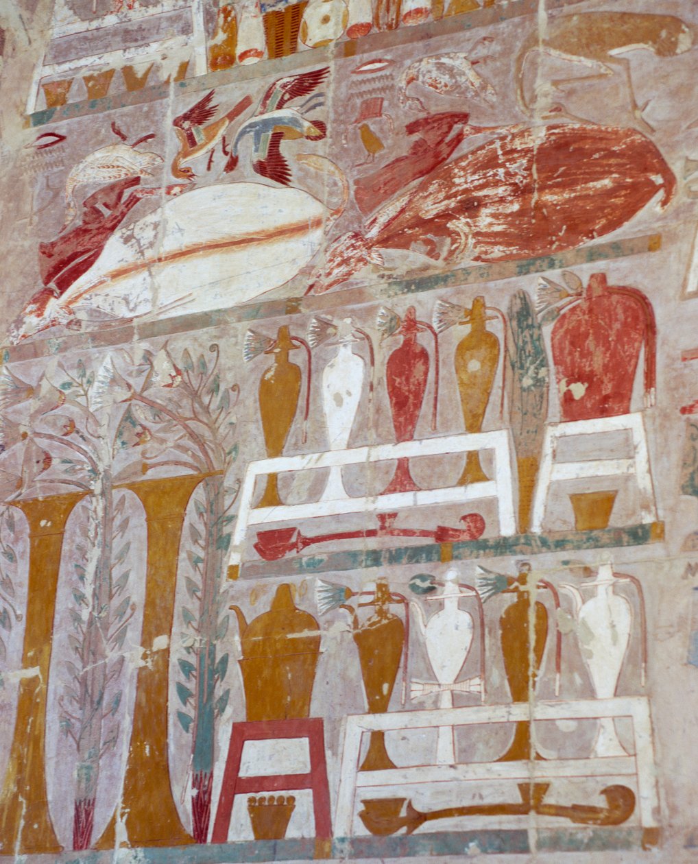 Voorzieningen en aardewerk aangeboden aan de goden door koningin Hatsjepsoet, geschilderd reliëf, Kapel van Anubis, Dodentempel van koningin Hatsjepsoet, ook bekend als Djeser-Djeseru, Deir el-Bahri, Thebe. Egyptische beschaving, Nieuwe Rijk, Dynastie XVII door Egyptian 18th Dynasty