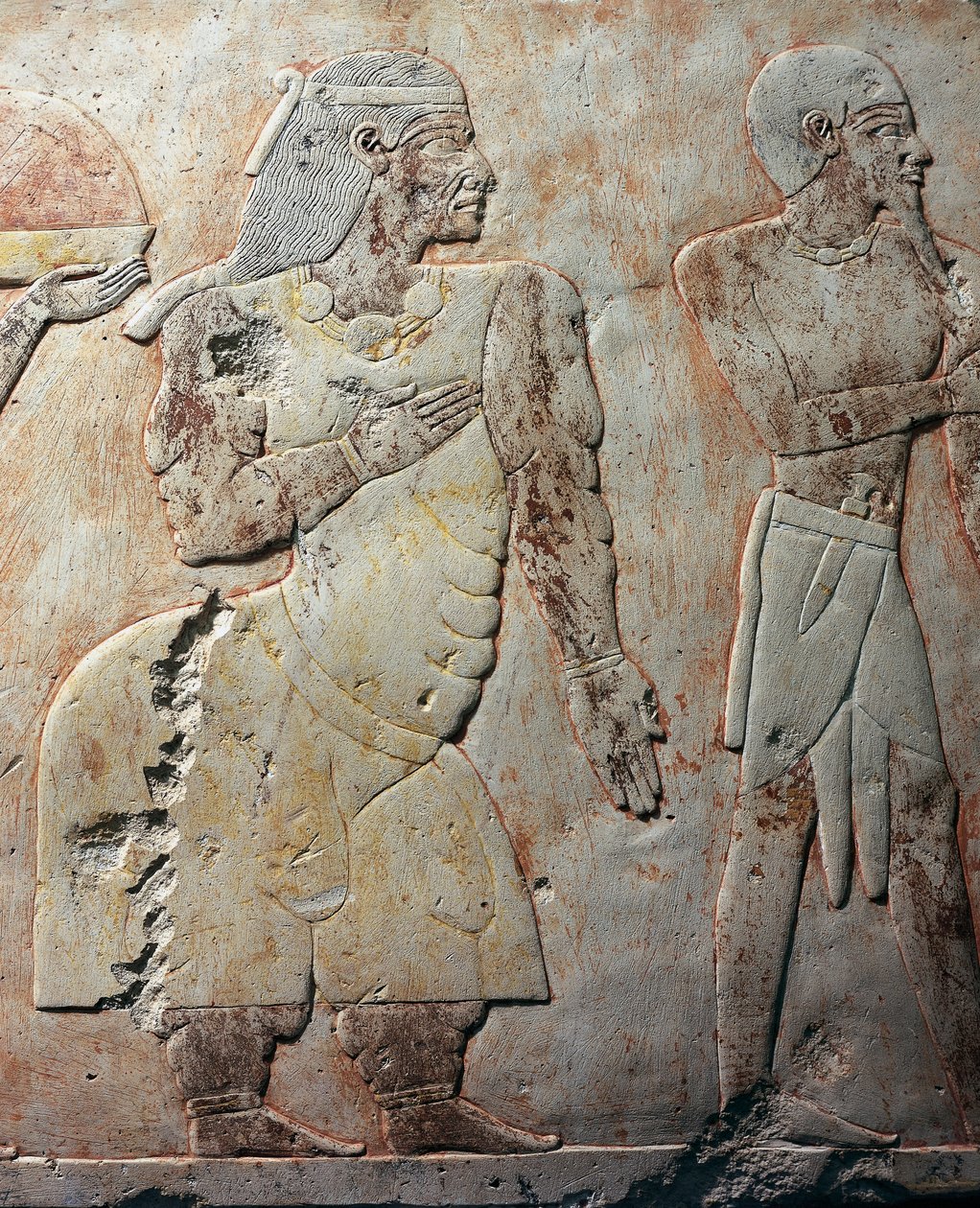 Koningin van Punt, detailscène die expeditie naar Land van Punt afbeeldt, geschilderd reliëf, colonnade van Punt, dodentempel van Hatsjepsoet, Deir el-Bahari, necropolis van Thebe (UNESCO Werelderfgoedlijst) door Egyptian 18th Dynasty