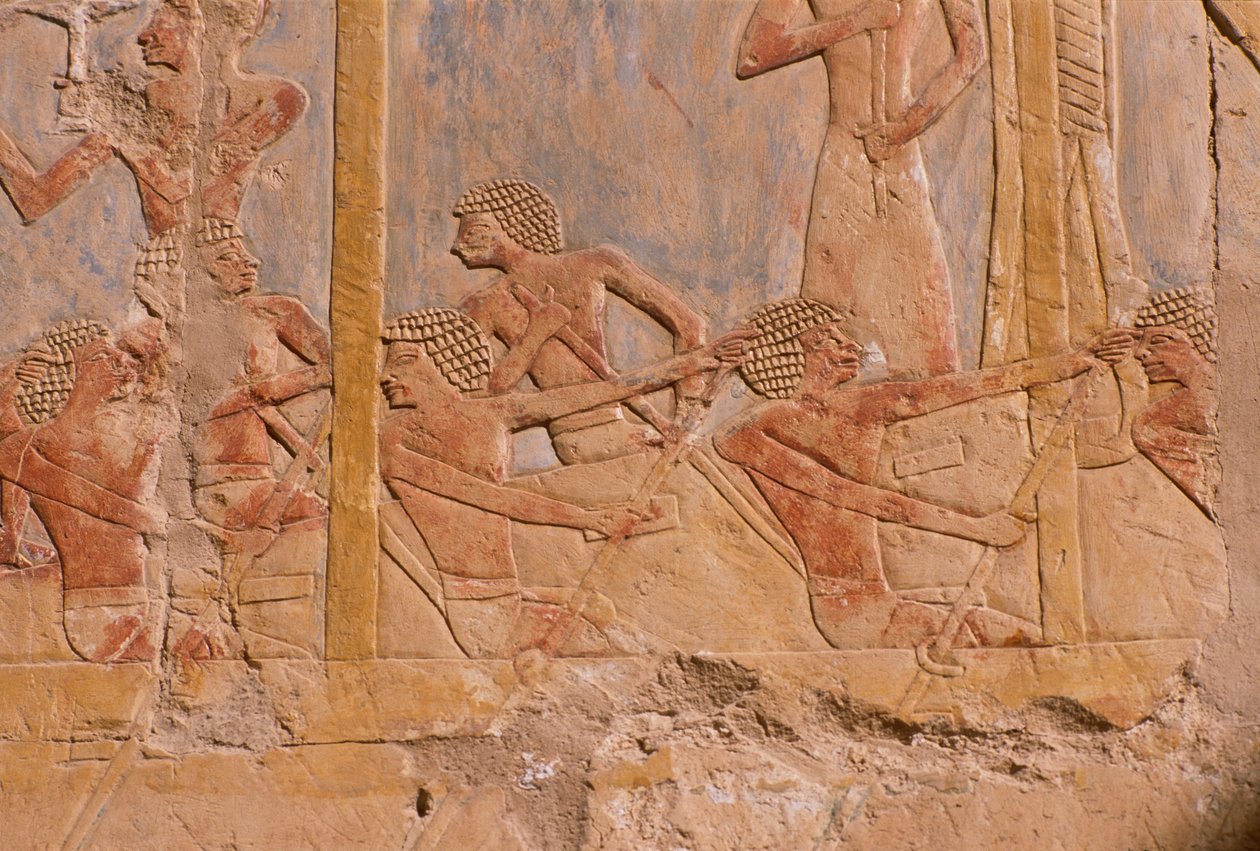 Reliëf dat mannen op een boot roeiend afbeeldt (detail) door Egyptian 18th Dynasty