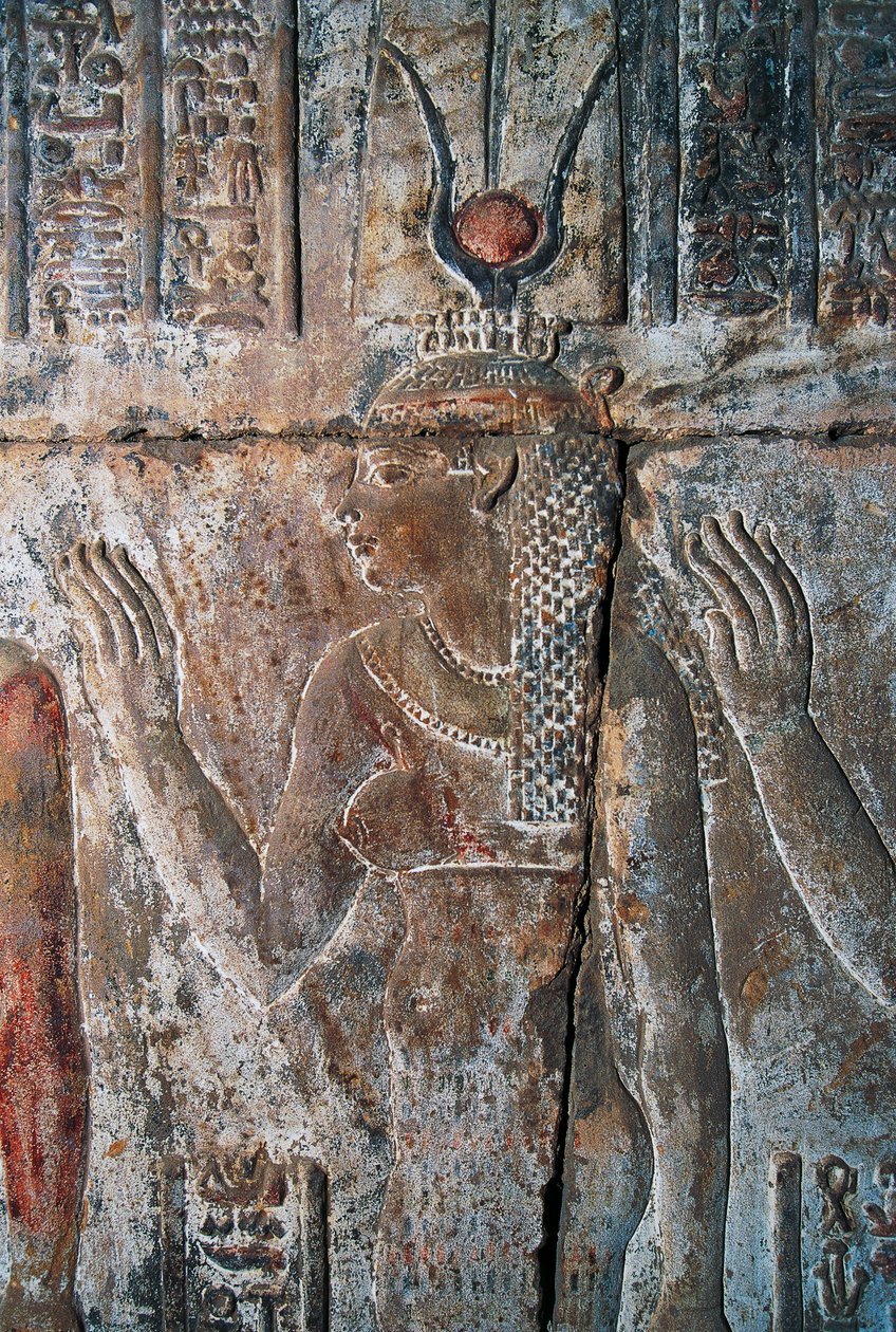Reliëf van Hatsjepsoet afgebeeld als Hathor, Dodentempel van Hatsjepsoet, Deir el-Bahri, Luxor, Thebe (Unesco Werelderfgoedlijst) door Egyptian 18th Dynasty