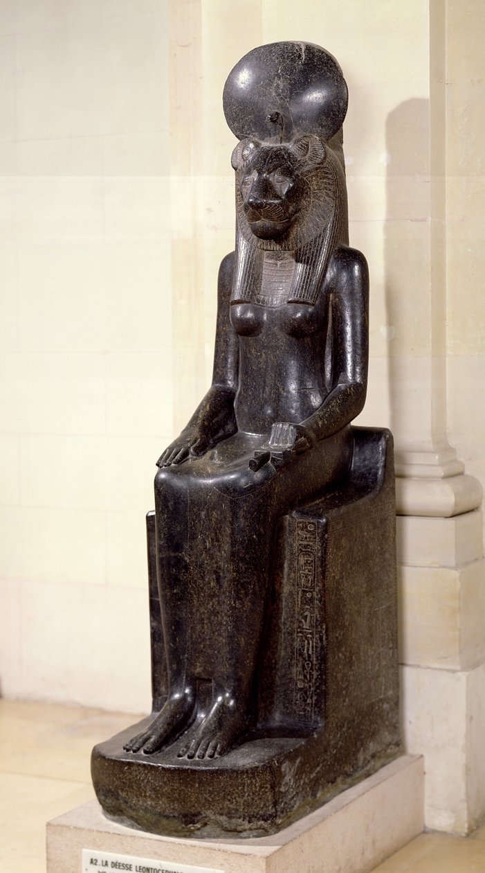 Beeld van de leeuwenkopgodin Sekhmet, uit de Tempel van Mut, Karnak, Nieuwe Koninkrijk, c.1391-1353 v.Chr. (dioriet) door Egyptian 18th Dynasty