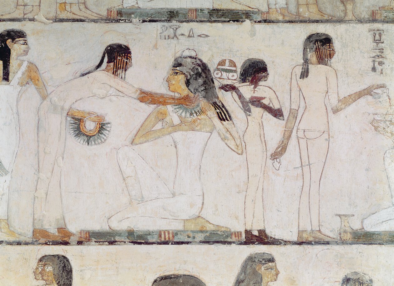 De toilet van edelvrouwen, uit het graf van Rekhmire, vizier van Thoetmosis III en Amenhotep II, Nieuwe Koninkrijk door Egyptian 18th Dynasty