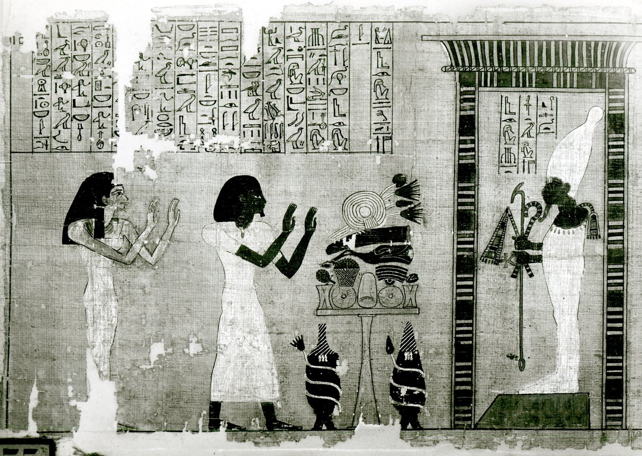 De overledene vergezeld door zijn zus gaan eer betuigen aan Osiris (detail) door Egyptian 18th Dynasty
