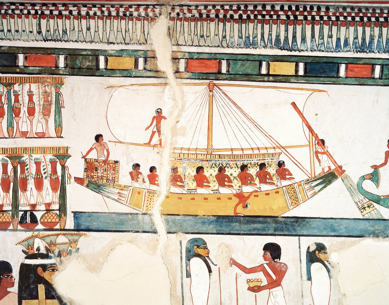 Het zonnevaartuig, detail van de pelgrimstocht naar Abydos, fresco, noordmuur, lange eetkamer, Thebaanse graf TT69, Sheikh Abd el-Qurna, Thebe (Unesco Werelderfgoedlijst) door Egyptian 18th Dynasty