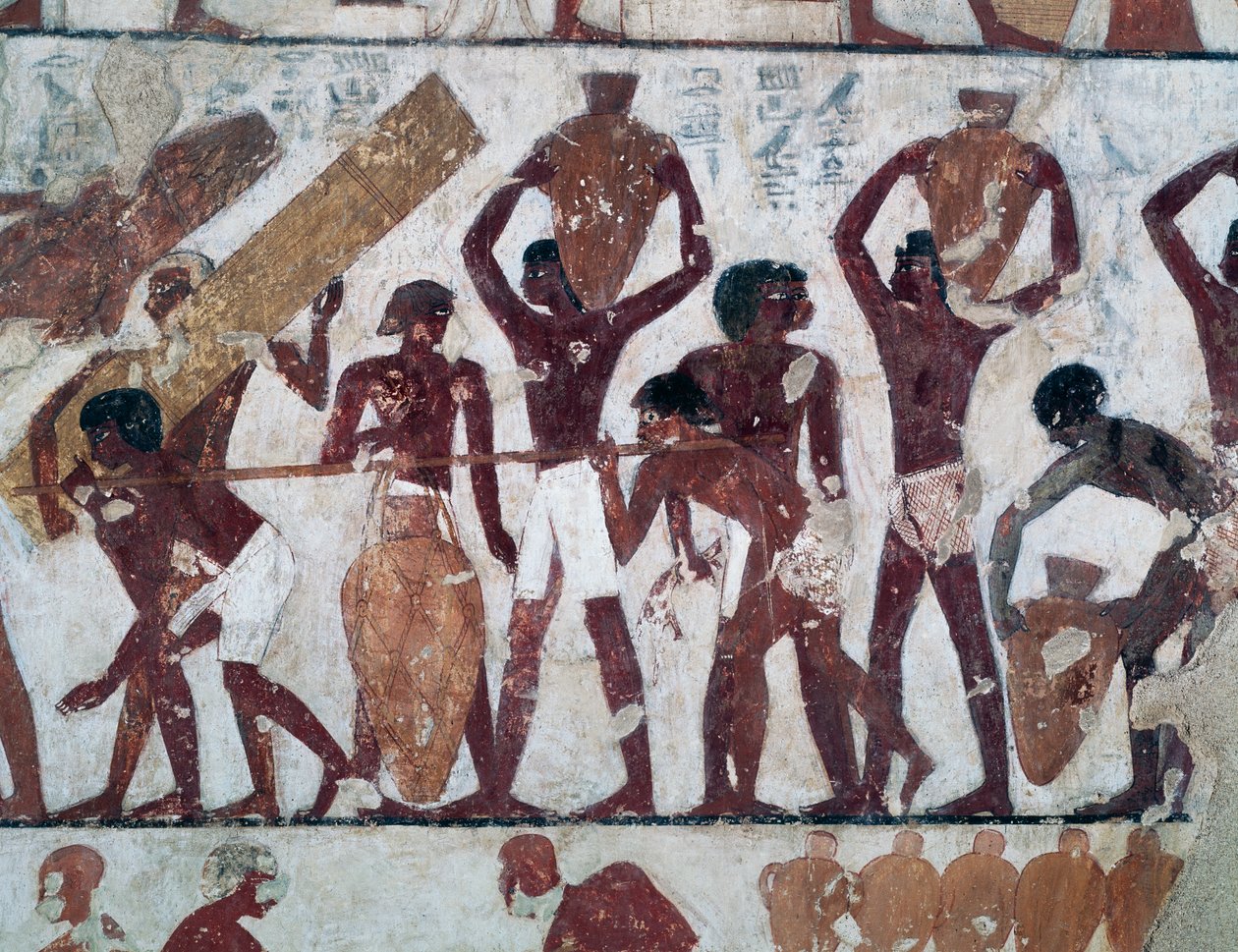 Transport van voedsel naar de magazijnen van de Tempel van Amon, graf van Rekhmire, ook bekend als graf TT100, Sheikh Abd el-Qurna, Thebaanse Necropolis (UNESCO Werelderfgoedlijst) door Egyptian 18th Dynasty