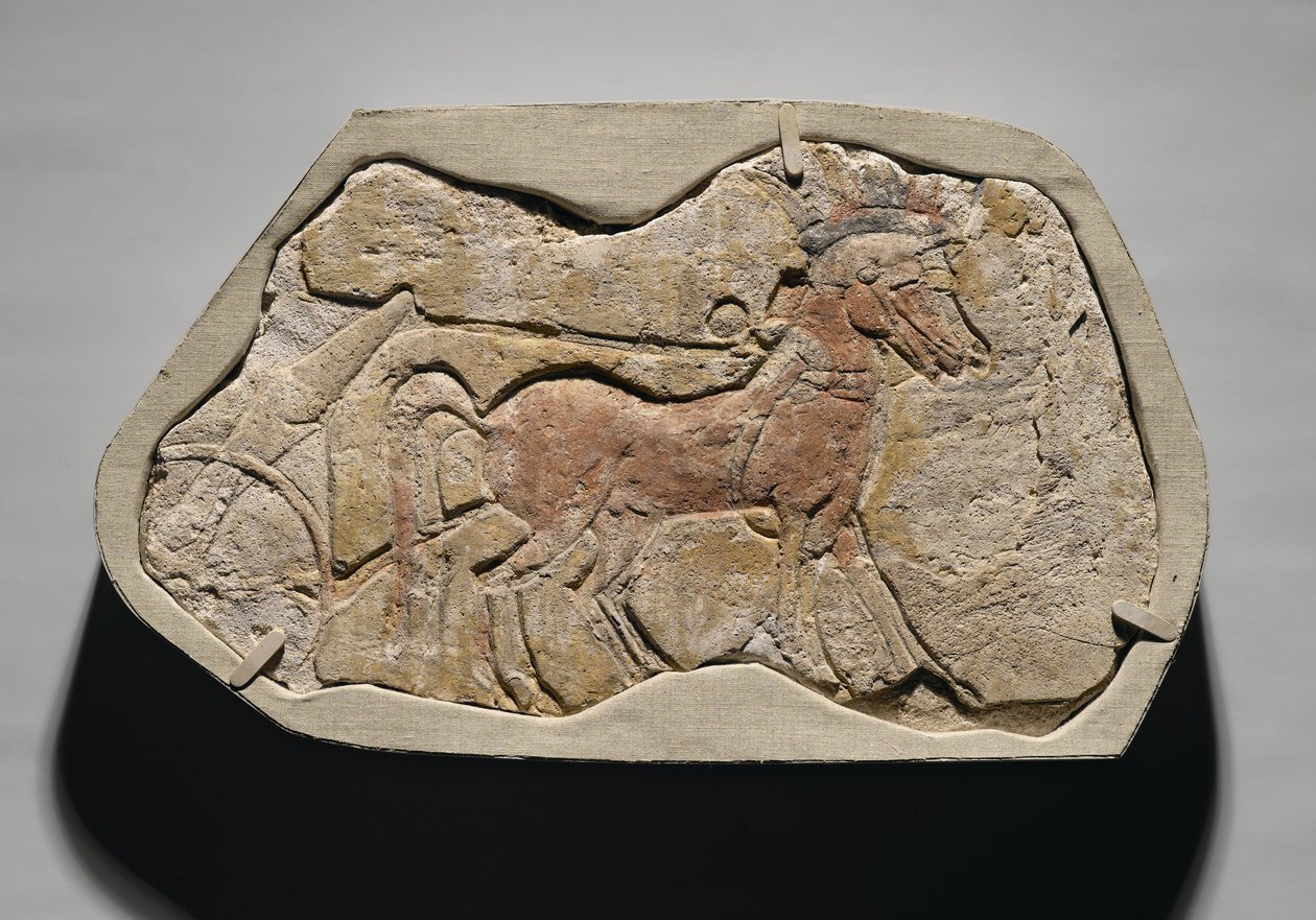 Een span van twee paarden die een strijdwagen trekken, uit Tell el-Amarna, Nieuwe Koninkrijk, ca. 1353-1336 v.Chr. door Egyptian 19th Dynasty