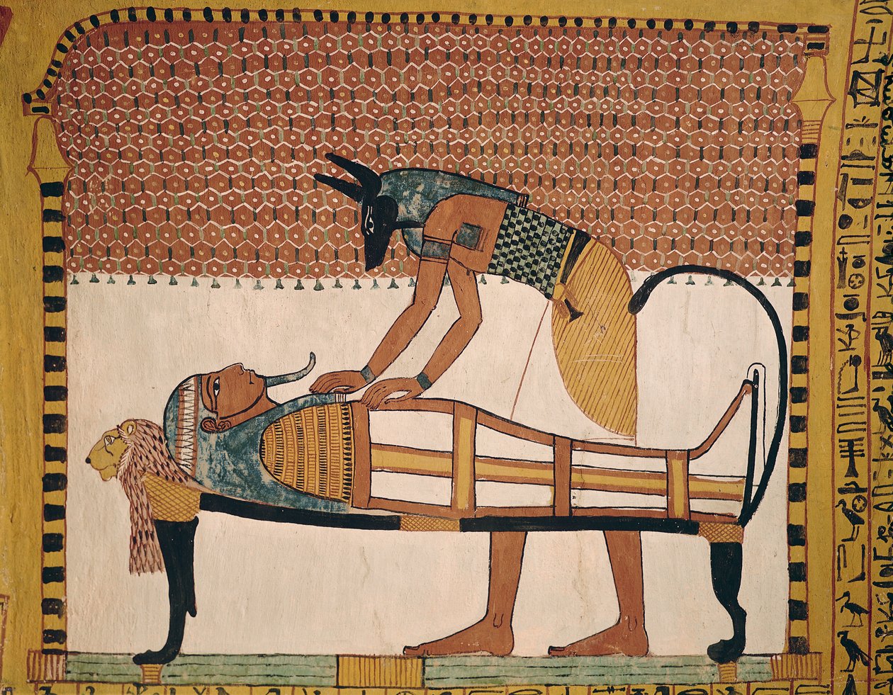 Anubis verzorgt de mummie van Sennedjem, uit het graf van Sennedjem, Het Werkersdorp, Nieuwe Rijk door Egyptian 19th Dynasty