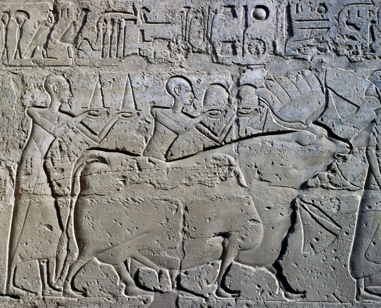 Personages die mijnbouwdistricten symboliseren brengen hun eerbetoon aan god, reliëf, Ramses II Binnenplaats, Tempel van Amon (Unesco Werelderfgoedlijst) door Egyptian 19th Dynasty