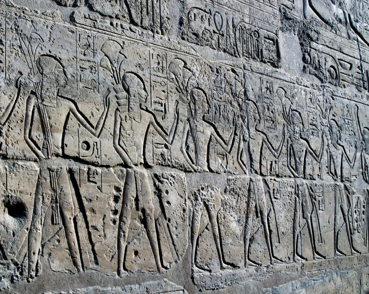 Personages die mijnbouwdistricten symboliseren brengen hun eerbetoon aan god, reliëf, Ramesses II Binnenplaats, Tempel van Amon (Unesco Werelderfgoedlijst) door Egyptian 19th Dynasty