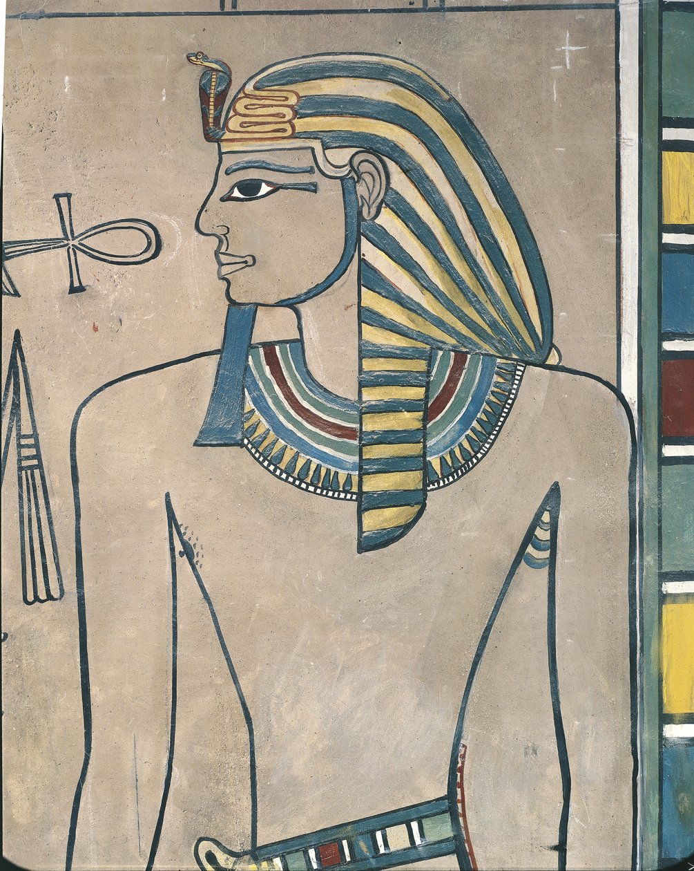 Egypte, Oud Thebe, Vallei der Koningen, muurschildering van farao Amenhotep III door Egyptian 19th Dynasty