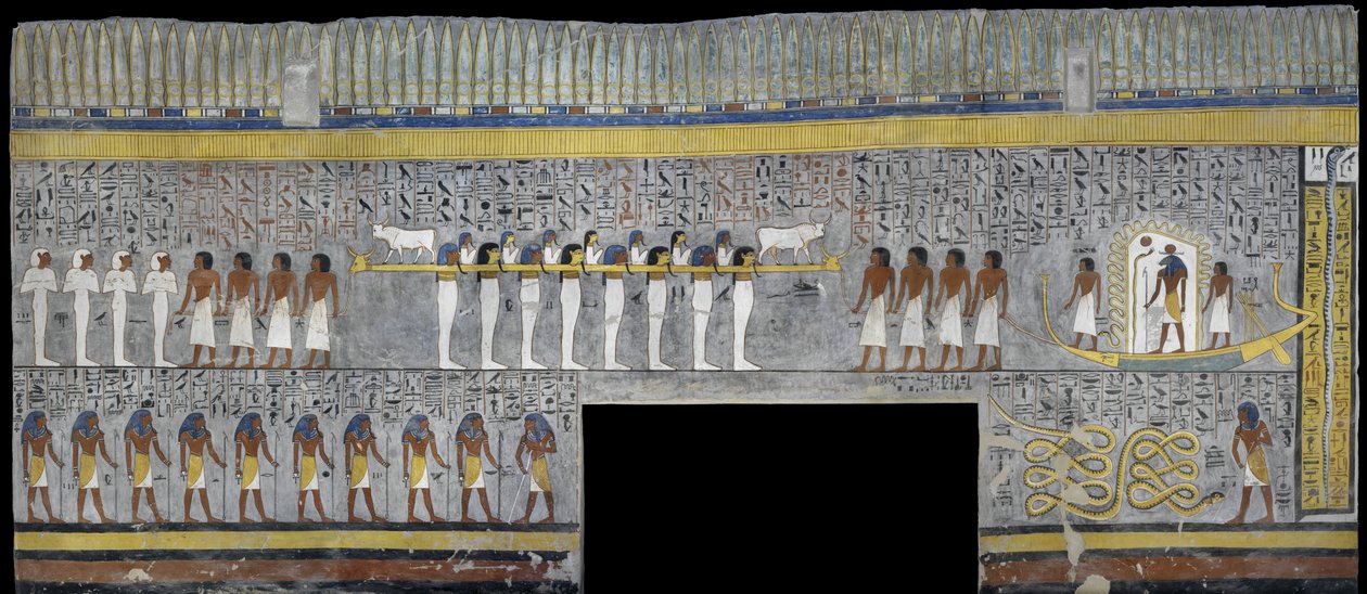 Egypte, Thebe, Luxor, Vallei der Koningen, Graf van Ramses I, muurschildering van Ra in zonneboot in grafkamer uit de 19e dynastie door Egyptian 19th Dynasty
