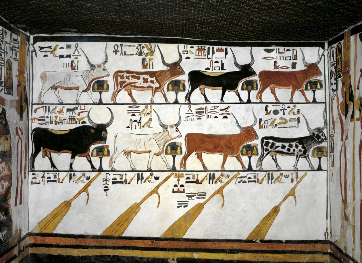 Egypte, Thebe, Luxor, Vallei der Koninginnen, Graf van Nefertari, Annex aan voorhal, Muurschilderingen, Geïllustreerd Boek van de Doden, Hoofdstuk 89 door Egyptian 19th Dynasty