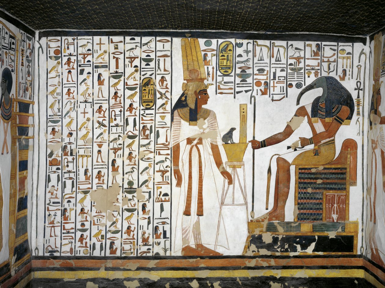 Egypte, Thebe, Luxor, Vallei der Koninginnen, graf van Nefertari, bijgebouw van voorvertrek, muurschilderingen, koningin voor goddelijke schrijver Thoth door Egyptian 19th Dynasty