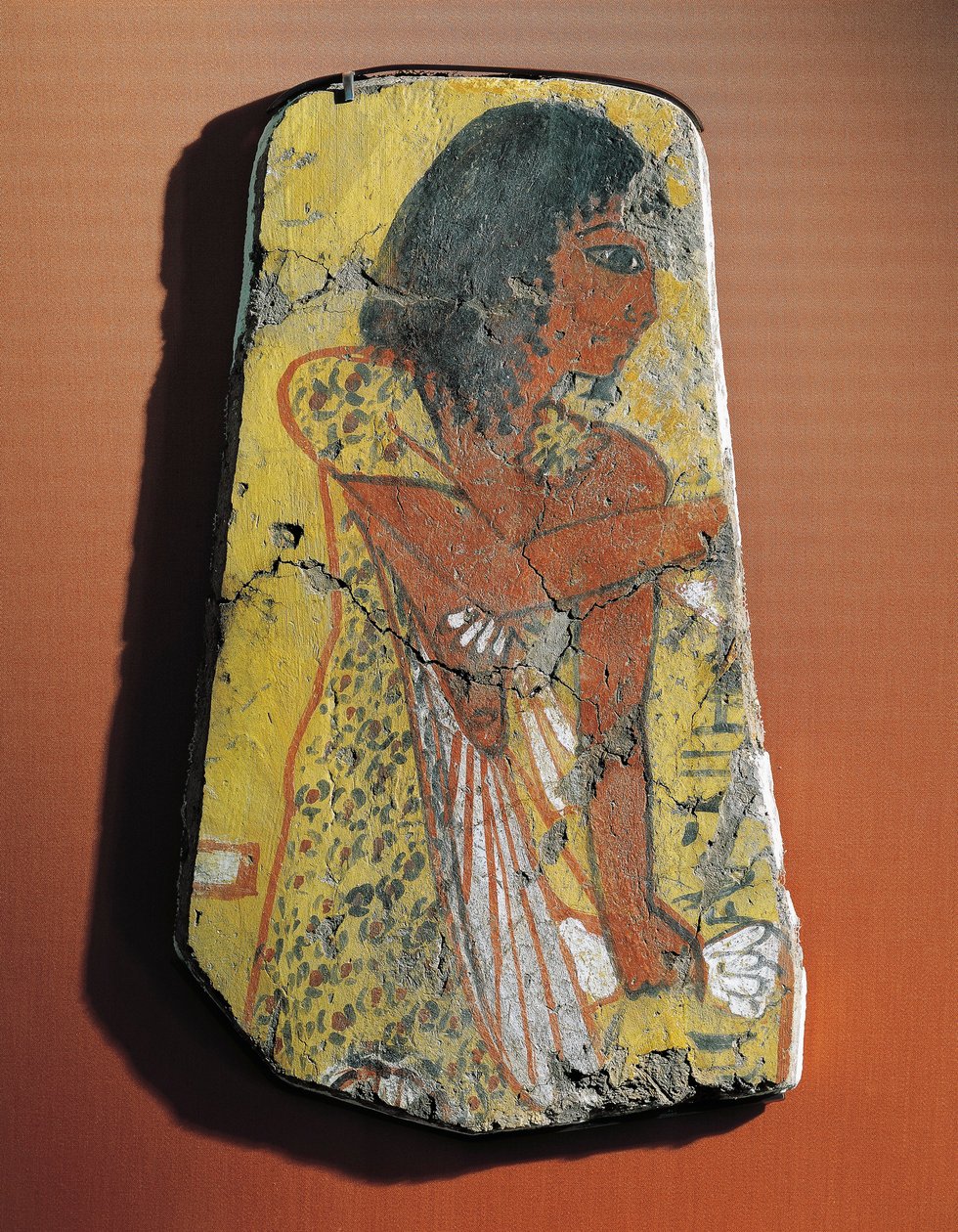 Fragment van een schilderij op citroenhout dat een priester tijdens een begrafenisceremonie uitbeeldt, uit Egypte, Deir el-Medina door Egyptian 19th Dynasty