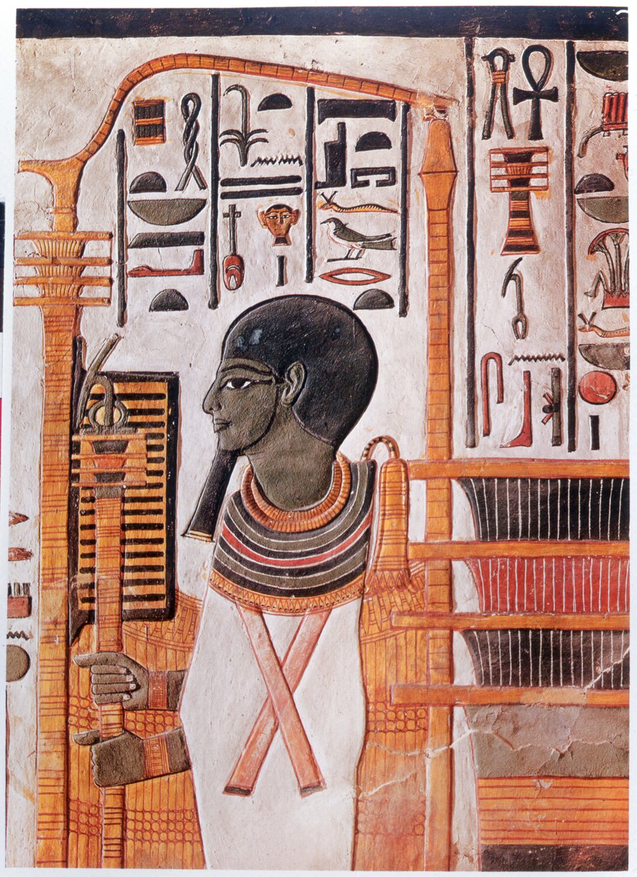 Geschiedenis. Oud Egypte. Ptah, vergoddelijking van de oerheuvel in de Ennead kosmogonie. Fresco in het graf van Nefertari in de Vallei der Koningen, Oud Egypte (fresco) door Egyptian 19th Dynasty