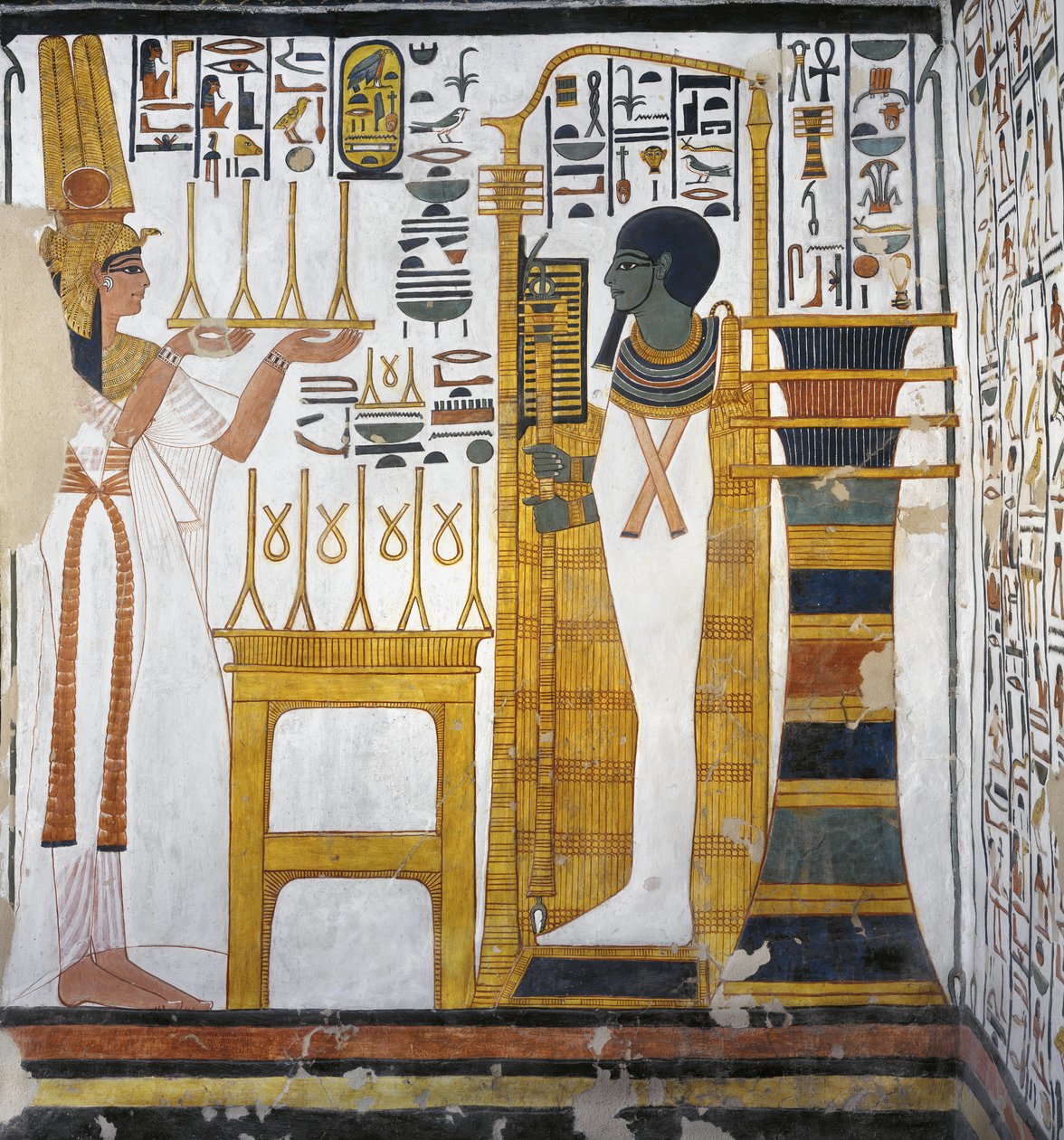 Nefertari brengt een offer van linnen aan Ptah (detail) door Egyptian 19th Dynasty