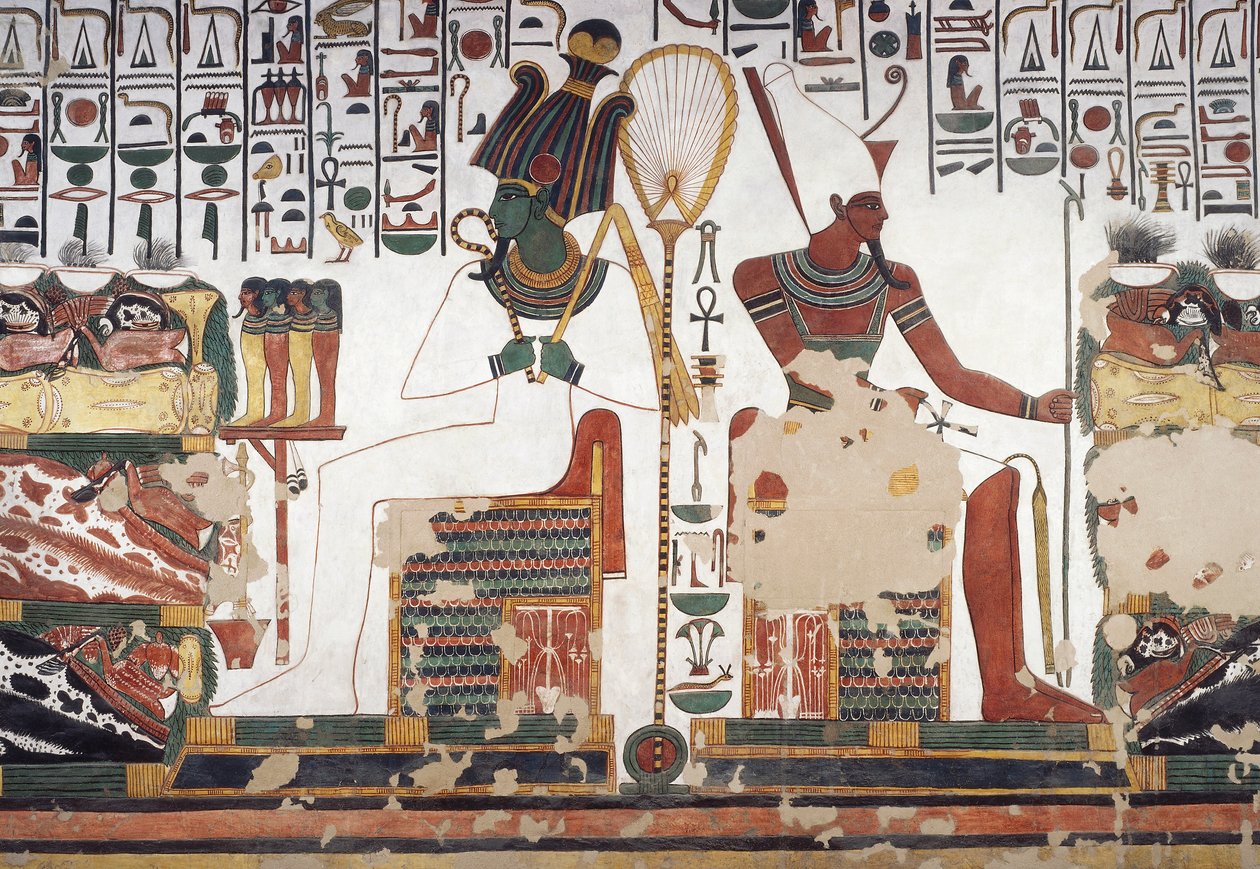 Osiris en Atum, fresco, oostmuur, oostelijke zijkamer, Graf van Nefertari (QV66), Vallei der Koninginnen, Thebe (Unesco Werelderfgoedlijst) door Egyptian 19th Dynasty