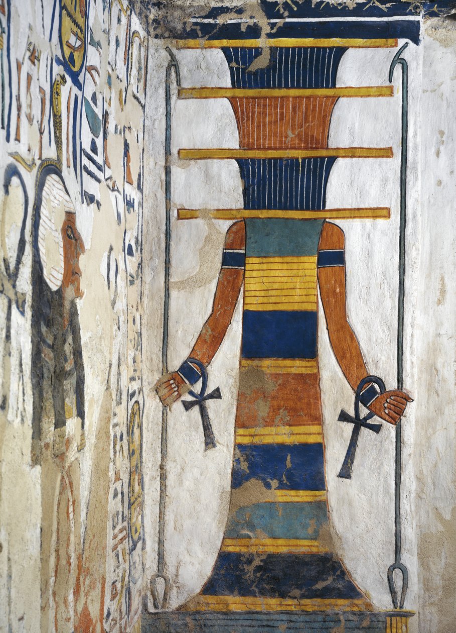 Osiris als een djed-zuil met een was-scepter in elke hand en een ankh aan elke pols (detail) door Egyptian 19th Dynasty
