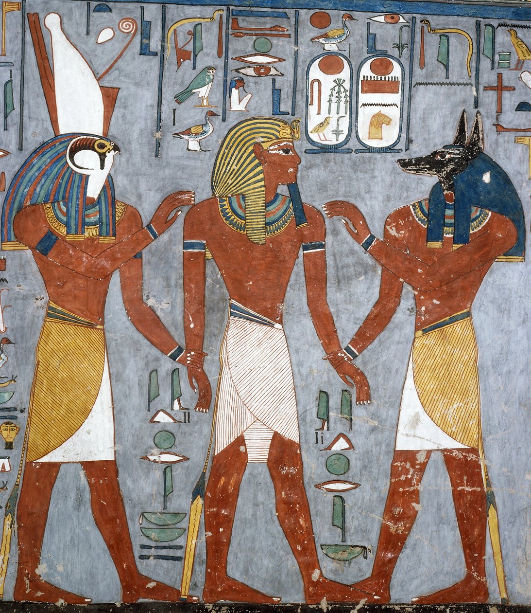 Ramses I tussen Horus en Anubis, fresco, grafkamer, Tombe van Ramses I, Vallei der Koningen, Thebe door Egyptian 19th Dynasty