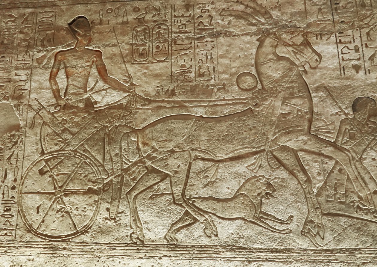 Ramses II op zijn wagen, grote tempel van Abu Simbel (reliëf) door Egyptian 19th Dynasty