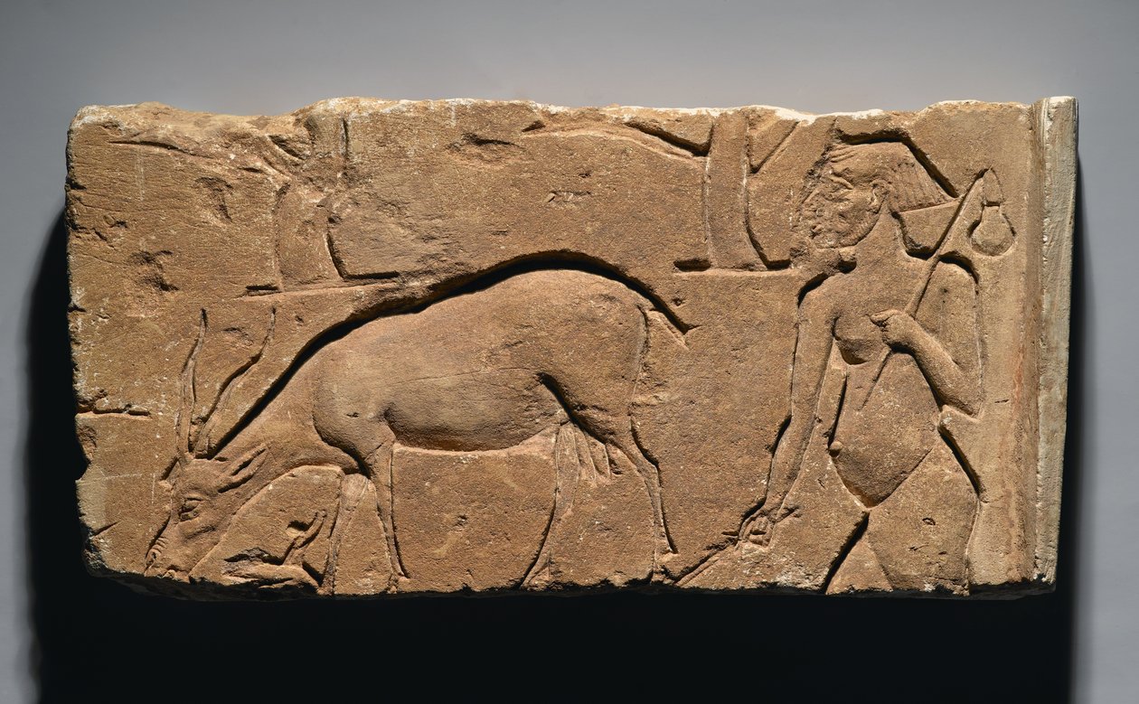 Reliëf met een geitenhoeder met een geit en bomen, mogelijk uit Tell el-Amarna, Nieuwe Koninkrijk, 1350-1333 v.Chr. door Egyptian 19th Dynasty