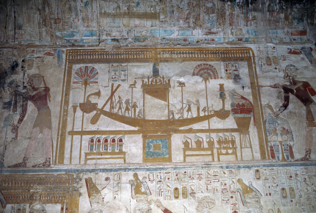 Heilige boot, bas-reliëf, kapel van Osiris, Tempel van Seti I door Egyptian 19th Dynasty