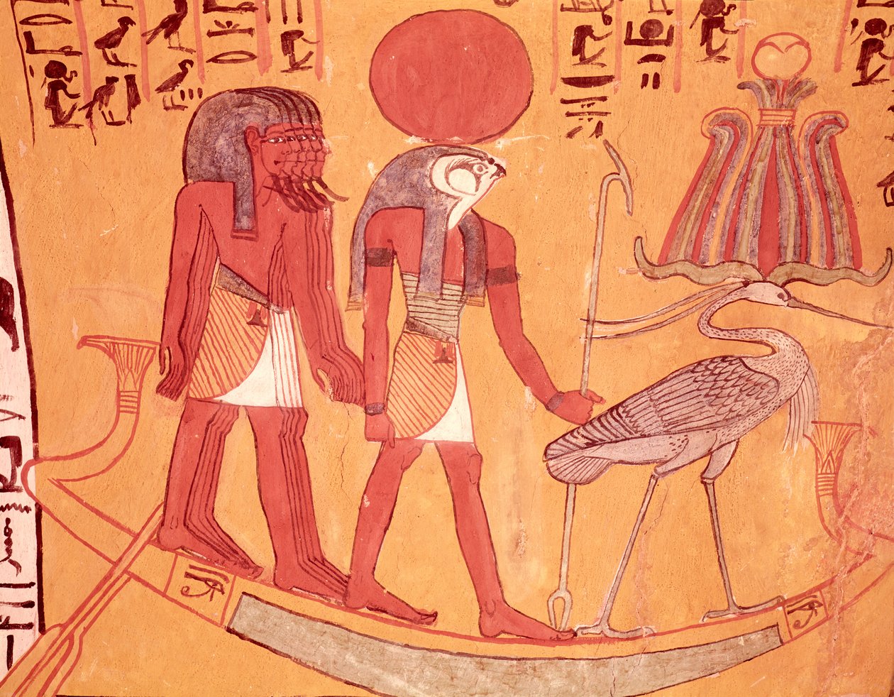 Zonnebark met Re-Horakhty, de benuvogel en vier andere goden, uit het graf van Sennedjem door Egyptian 19th Dynasty